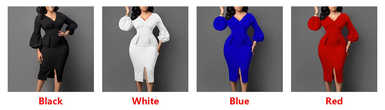 Women's Dress New Style Fashion V-Neck Puffy Sleeves Elegant Workplace Temperament European American Slit Plus Size Pencil Skirt