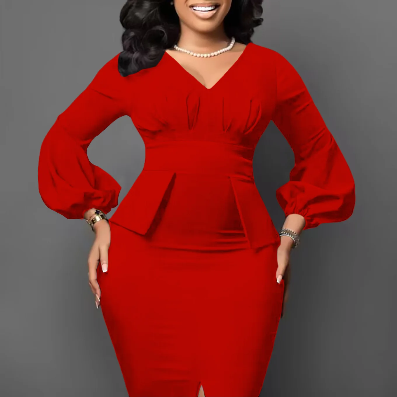 Women's Dress New Style Fashion V-Neck Puffy Sleeves Elegant Workplace Temperament European American Slit Plus Size Pencil Skirt