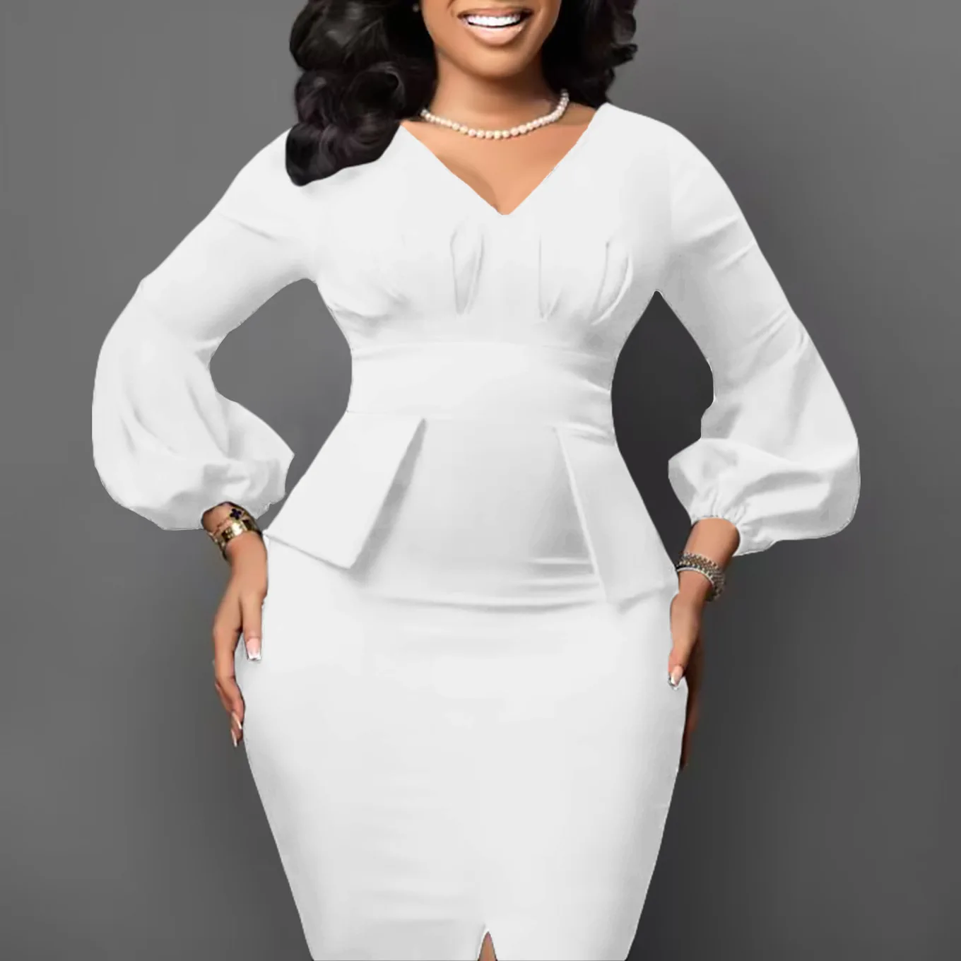 Women's Dress New Style Fashion V-Neck Puffy Sleeves Elegant Workplace Temperament European American Slit Plus Size Pencil Skirt