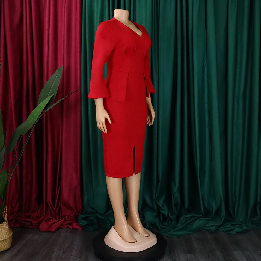Women's Dress New Style Fashion V-Neck Puffy Sleeves Elegant Workplace Temperament European American Slit Plus Size Pencil Skirt