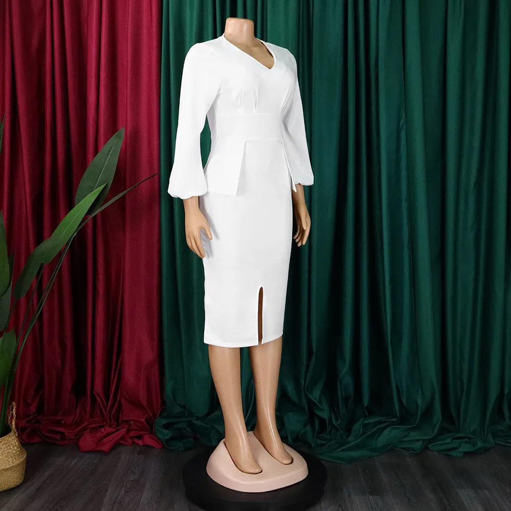 Women's Dress New Style Fashion V-Neck Puffy Sleeves Elegant Workplace Temperament European American Slit Plus Size Pencil Skirt