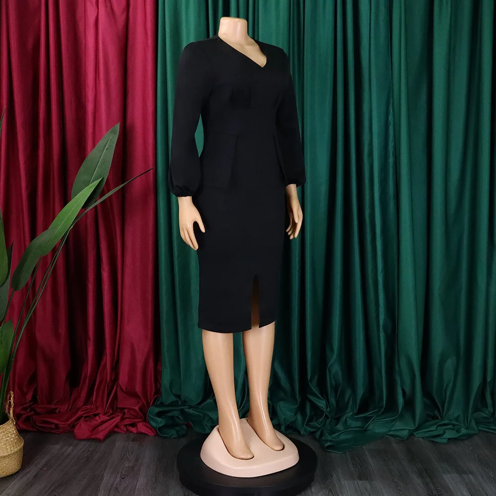 Women's Dress New Style Fashion V-Neck Puffy Sleeves Elegant Workplace Temperament European American Slit Plus Size Pencil Skirt