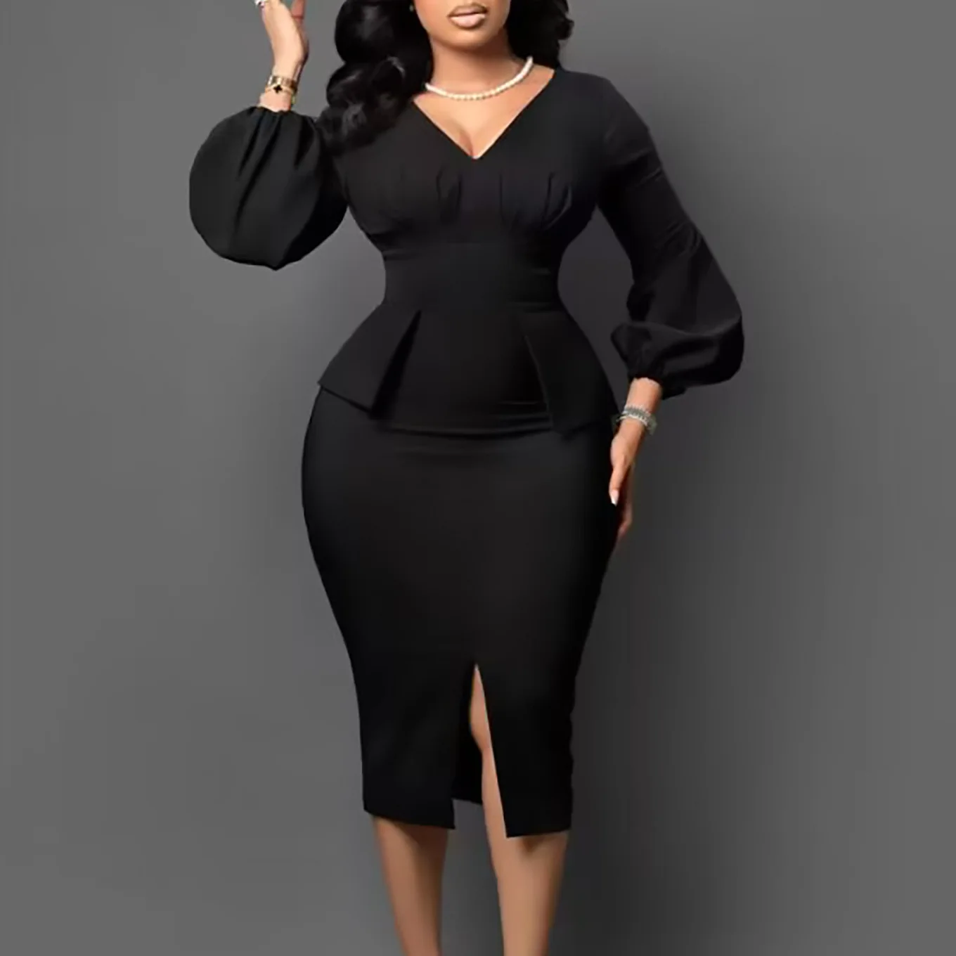Women's Dress New Style Fashion V-Neck Puffy Sleeves Elegant Workplace Temperament European American Slit Plus Size Pencil Skirt