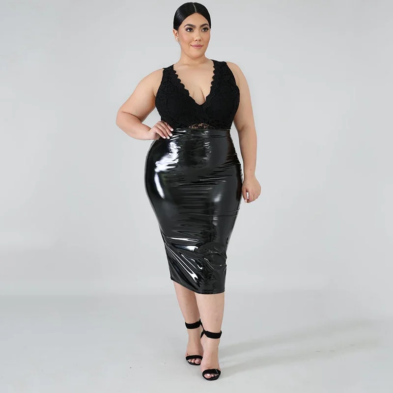 High Waist Faux Latex Skirts Women Plus Size PU Leather Midi Skirts Back Zip Ladies Bodycon Stretchy Skirt Hem Split 7XL Custom High Waist Faux Latex Skirts Women Plus Size PU Leather Midi Skirts Back Zip Ladies Bodycon Stretchy Skirt Hem Split 7XL Custom