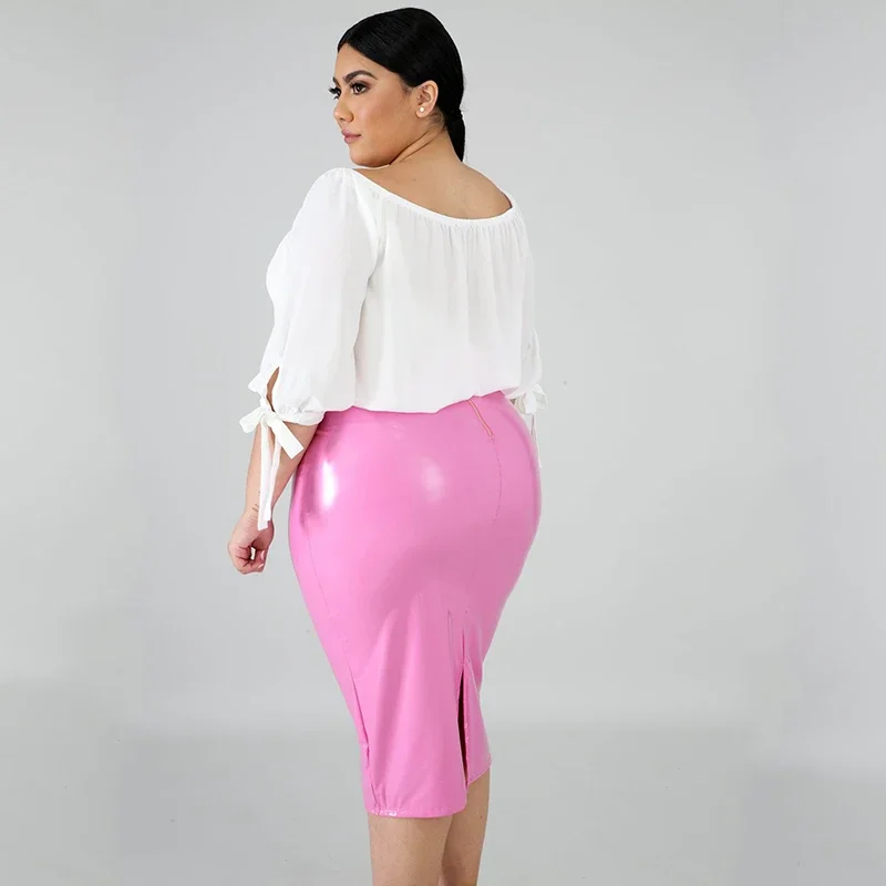 High Waist Faux Latex Skirts Women Plus Size PU Leather Midi Skirts Back Zip Ladies Bodycon Stretchy Skirt Hem Split 7XL Custom High Waist Faux Latex Skirts Women Plus Size PU Leather Midi Skirts Back Zip Ladies Bodycon Stretchy Skirt Hem Split 7XL Custom