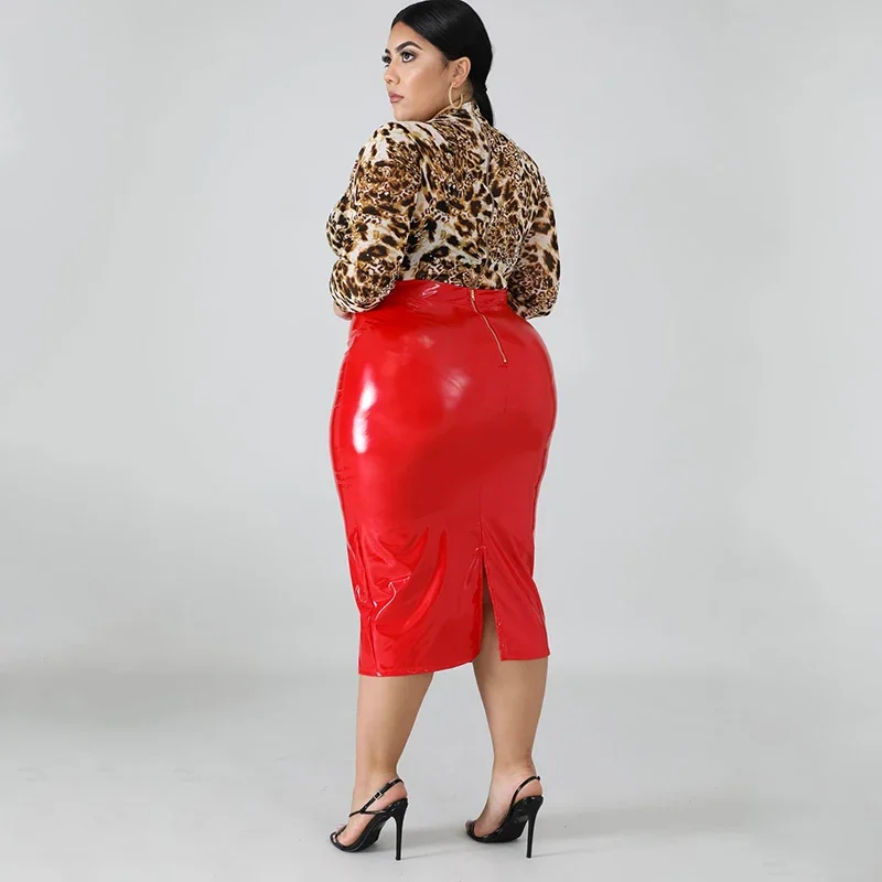High Waist Faux Latex Skirts Women Plus Size PU Leather Midi Skirts Back Zip Ladies Bodycon Stretchy Skirt Hem Split 7XL Custom High Waist Faux Latex Skirts Women Plus Size PU Leather Midi Skirts Back Zip Ladies Bodycon Stretchy Skirt Hem Split 7XL Custom