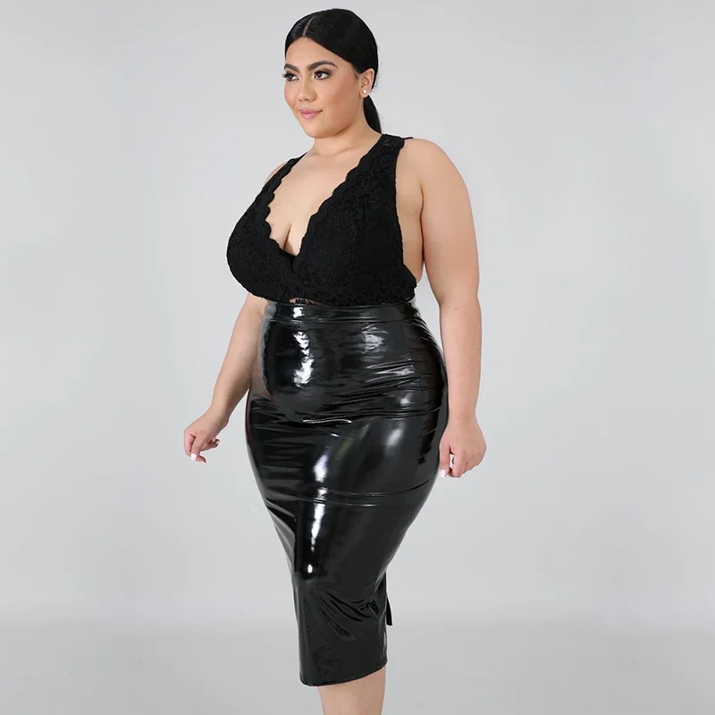 High Waist Faux Latex Skirts Women Plus Size PU Leather Midi Skirts Back Zip Ladies Bodycon Stretchy Skirt Hem Split 7XL Custom High Waist Faux Latex Skirts Women Plus Size PU Leather Midi Skirts Back Zip Ladies Bodycon Stretchy Skirt Hem Split 7XL Custom