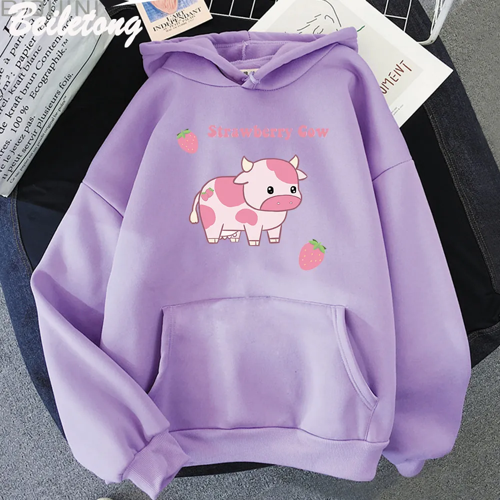 Cow And Strawberry Kawaii Women Hoodies Casual Pullover Plus Size Sweatshirt Autumn Winter Warm Girl Streetwear Clothes Tops