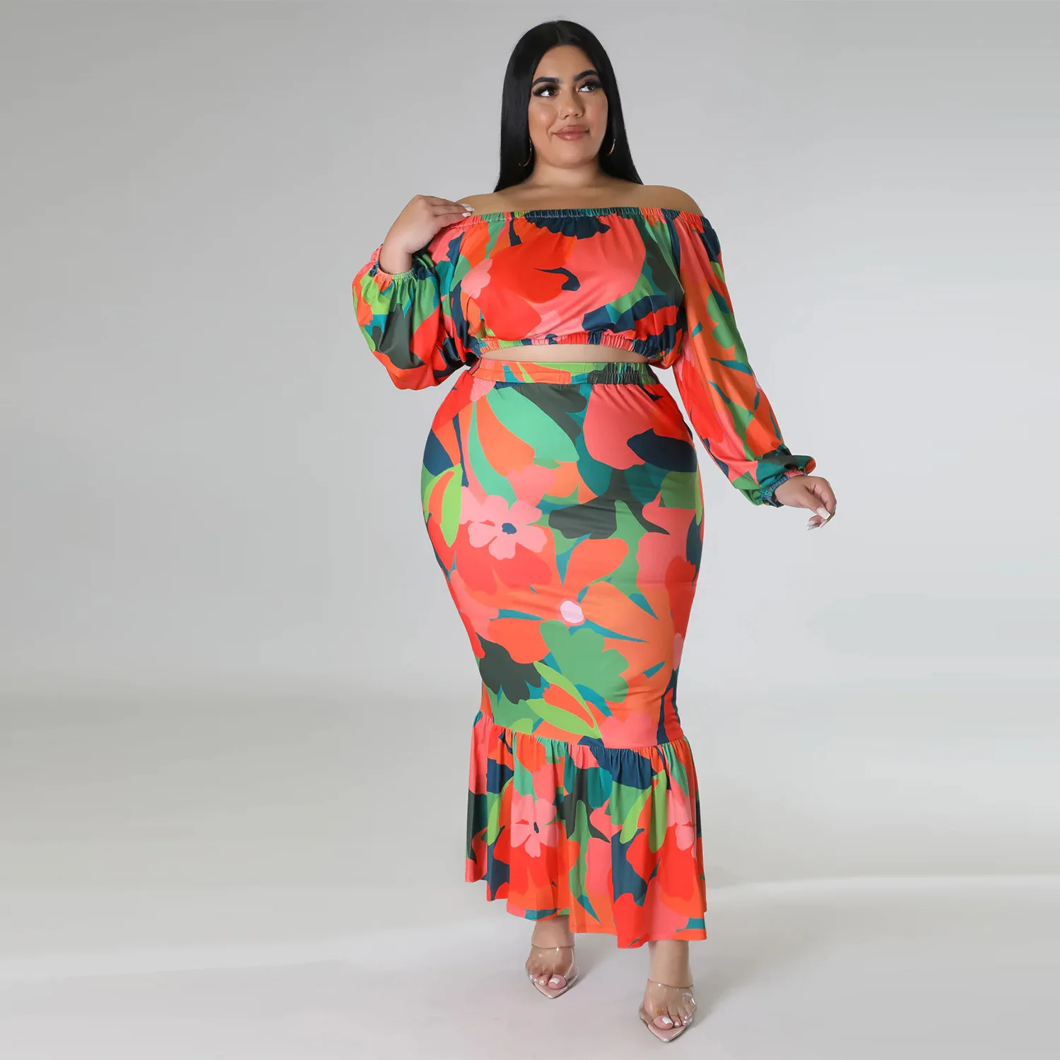 Floral Printed Plus Size Sets for Women Strapless Lantern Sleeves Tops Package Hip Mermaid Skirts Elegant Sexy Two Piece Sets