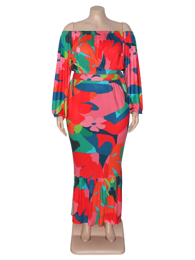 Floral Printed Plus Size Sets for Women Strapless Lantern Sleeves Tops Package Hip Mermaid Skirts Elegant Sexy Two Piece Sets