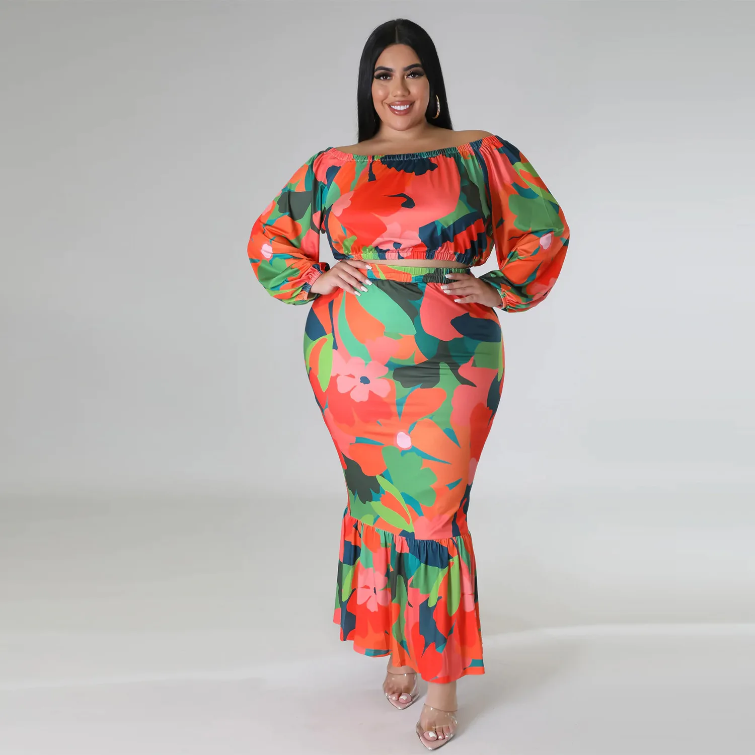 Floral Printed Plus Size Sets for Women Strapless Lantern Sleeves Tops Package Hip Mermaid Skirts Elegant Sexy Two Piece Sets