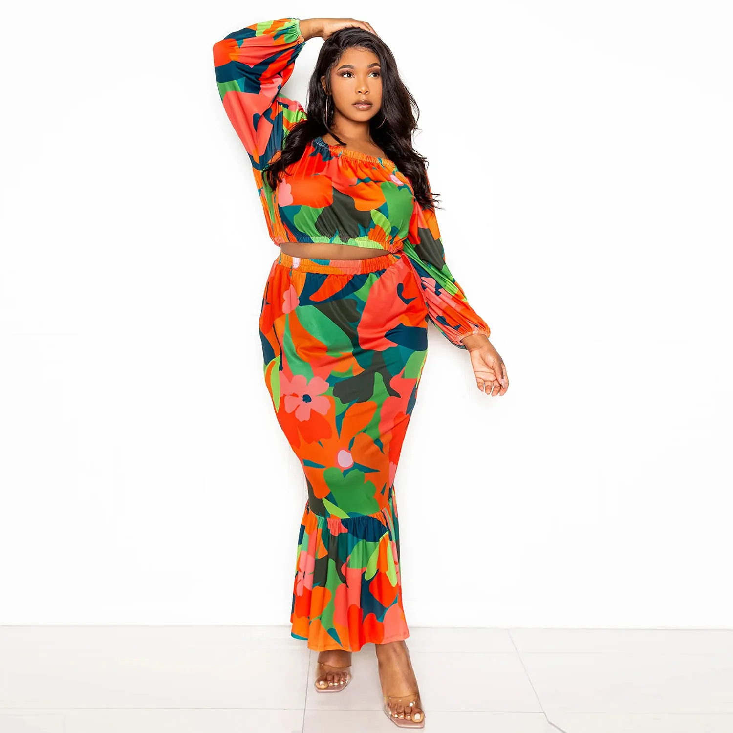 Floral Printed Plus Size Sets for Women Strapless Lantern Sleeves Tops Package Hip Mermaid Skirts Elegant Sexy Two Piece Sets