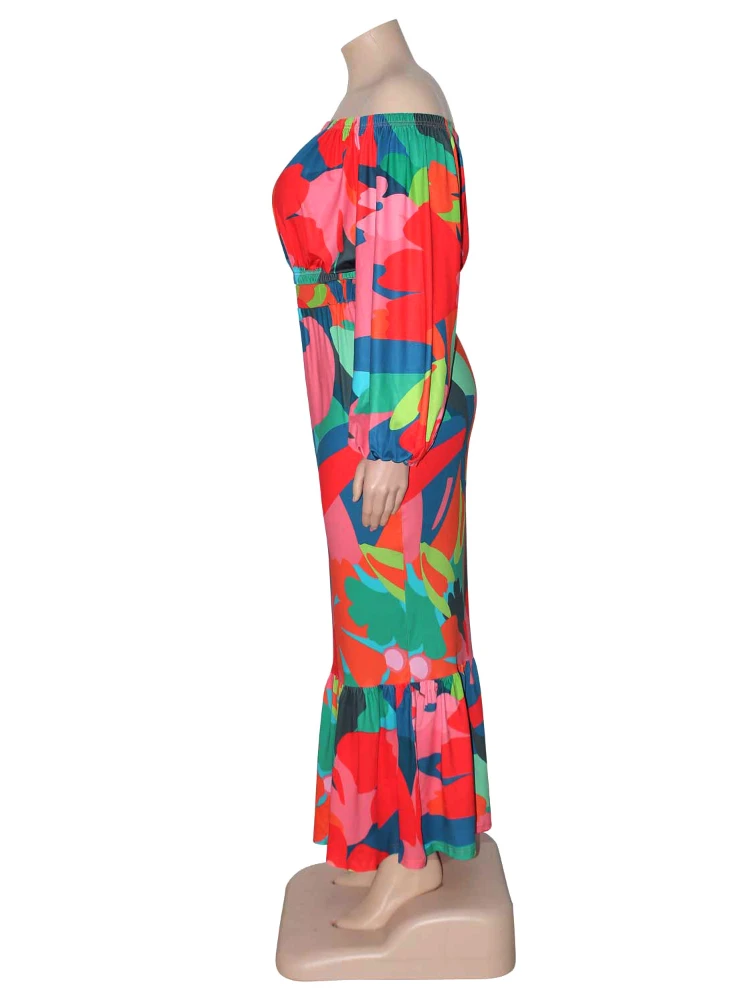 Floral Printed Plus Size Sets for Women Strapless Lantern Sleeves Tops Package Hip Mermaid Skirts Elegant Sexy Two Piece Sets