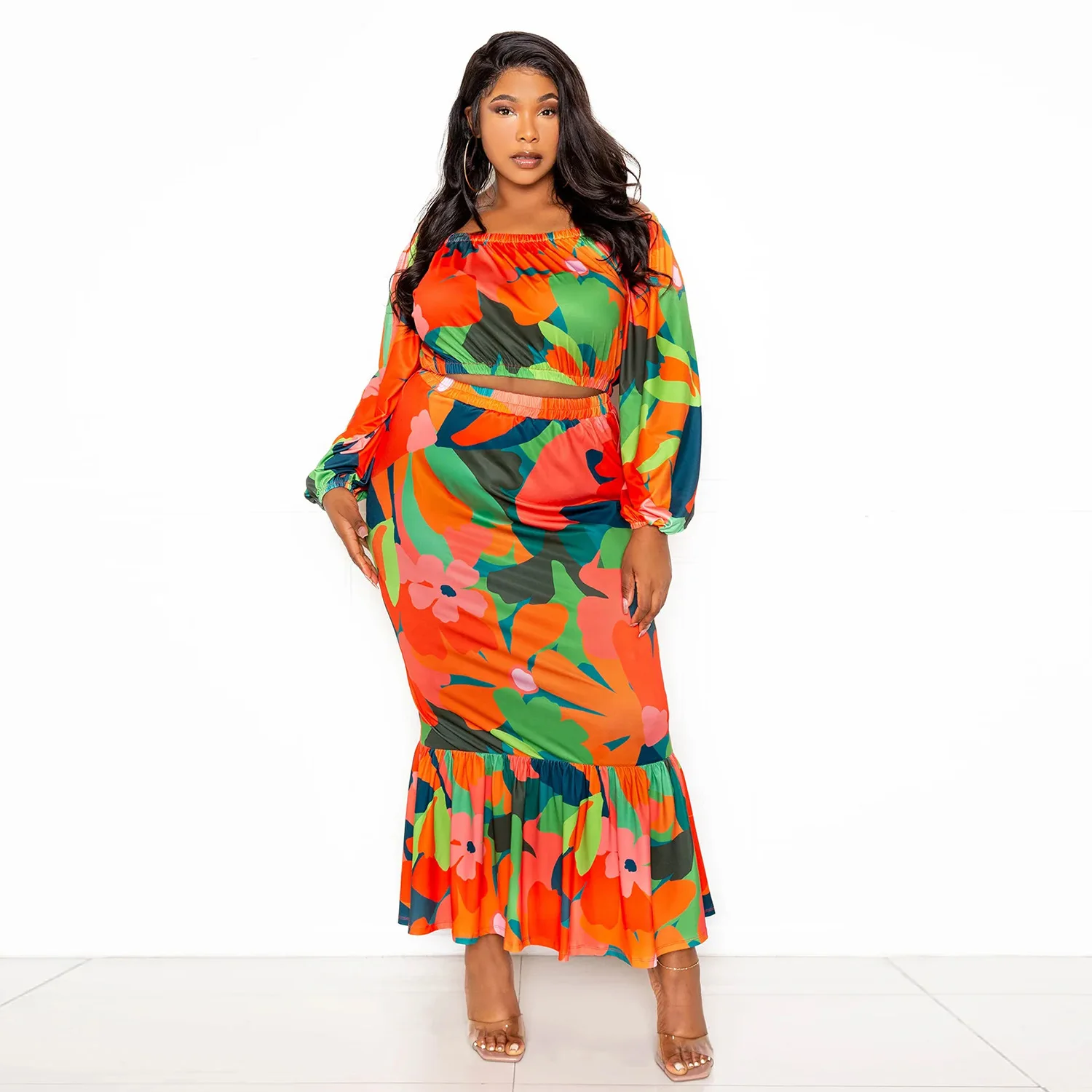 Floral Printed Plus Size Sets for Women Strapless Lantern Sleeves Tops Package Hip Mermaid Skirts Elegant Sexy Two Piece Sets
