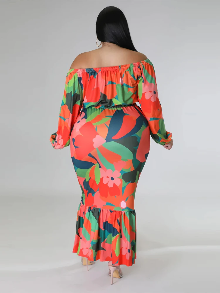 Floral Printed Plus Size Sets for Women Strapless Lantern Sleeves Tops Package Hip Mermaid Skirts Elegant Sexy Two Piece Sets