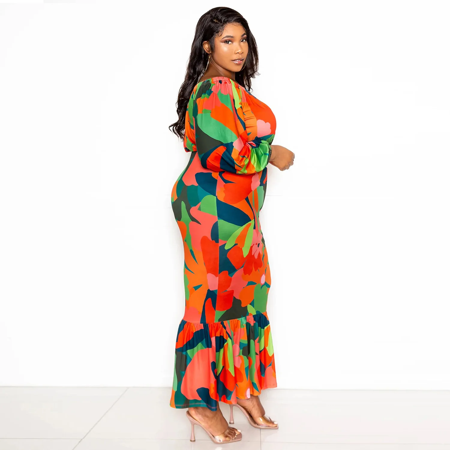 Floral Printed Plus Size Sets for Women Strapless Lantern Sleeves Tops Package Hip Mermaid Skirts Elegant Sexy Two Piece Sets