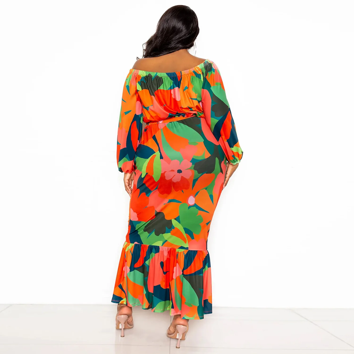 Floral Printed Plus Size Sets for Women Strapless Lantern Sleeves Tops Package Hip Mermaid Skirts Elegant Sexy Two Piece Sets