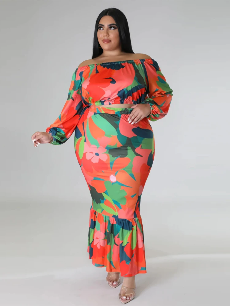 Floral Printed Plus Size Sets for Women Strapless Lantern Sleeves Tops Package Hip Mermaid Skirts Elegant Sexy Two Piece Sets