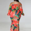Floral Printed Plus Size Sets for Women Strapless Lantern Sleeves Tops Package Hip Mermaid Skirts Elegant Sexy Two Piece Sets