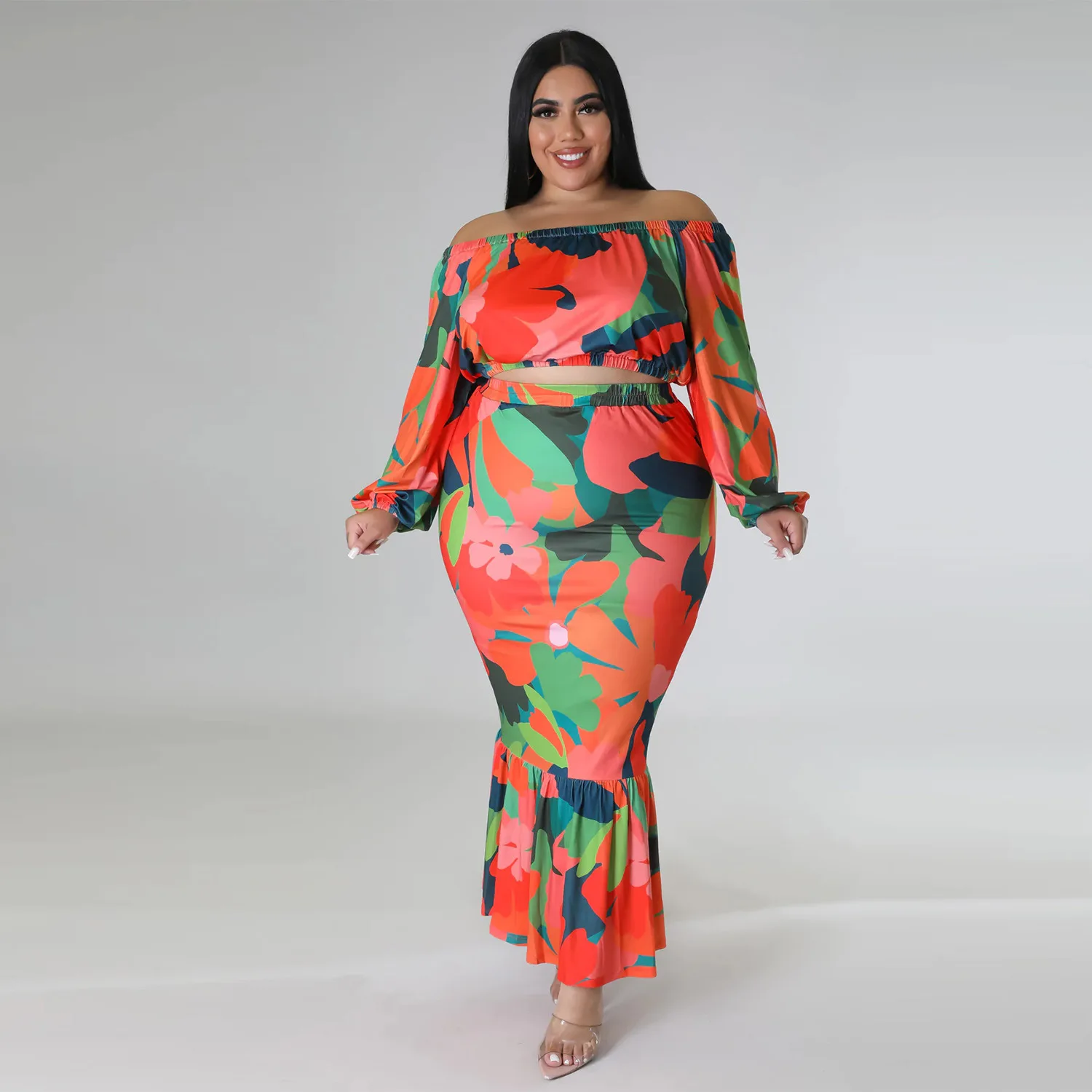 Floral Printed Plus Size Sets for Women Strapless Lantern Sleeves Tops Package Hip Mermaid Skirts Elegant Sexy Two Piece Sets