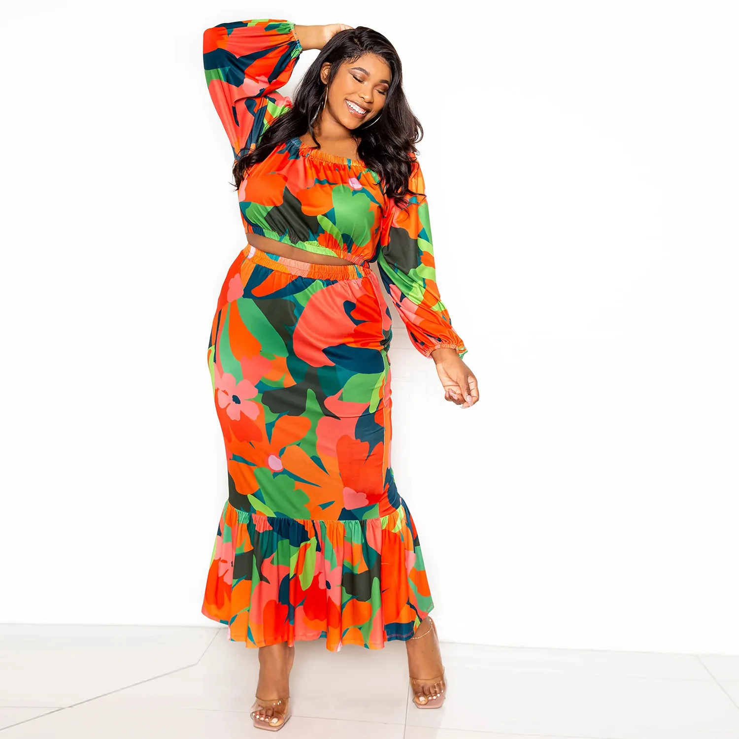 Floral Printed Plus Size Sets for Women Strapless Lantern Sleeves Tops Package Hip Mermaid Skirts Elegant Sexy Two Piece Sets