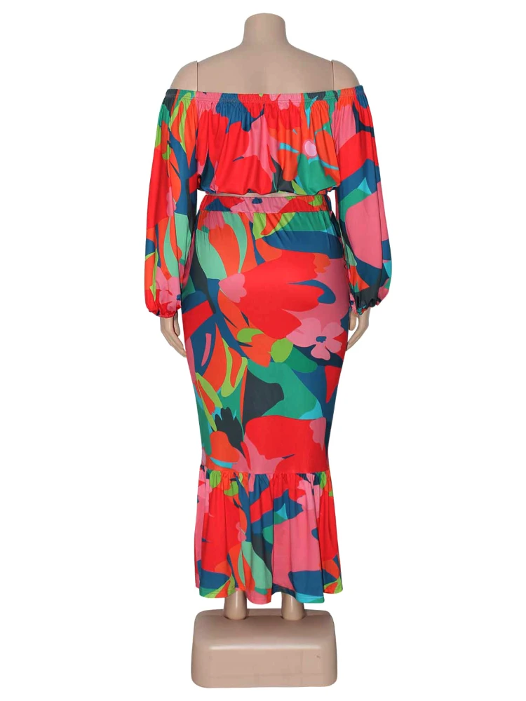 Floral Printed Plus Size Sets for Women Strapless Lantern Sleeves Tops Package Hip Mermaid Skirts Elegant Sexy Two Piece Sets
