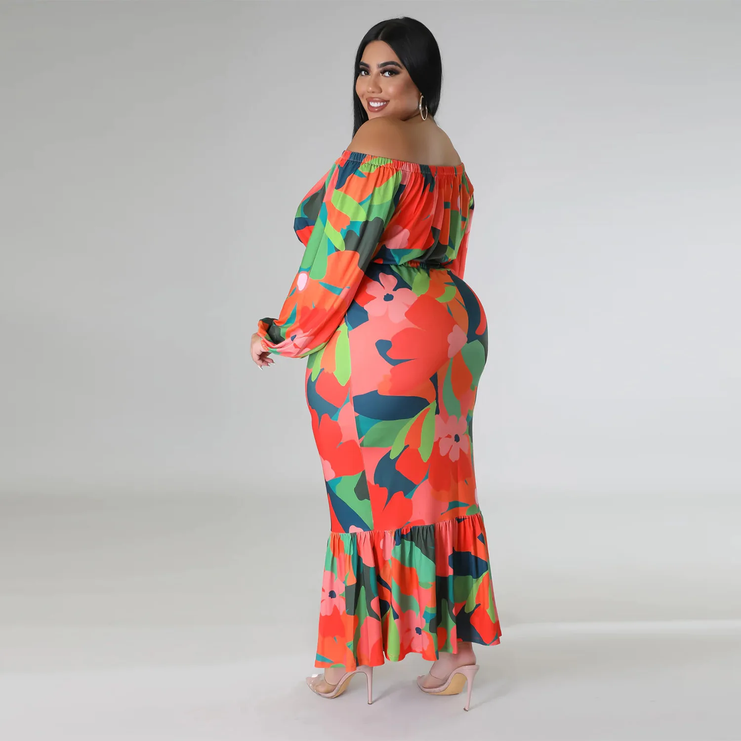 Floral Printed Plus Size Sets for Women Strapless Lantern Sleeves Tops Package Hip Mermaid Skirts Elegant Sexy Two Piece Sets