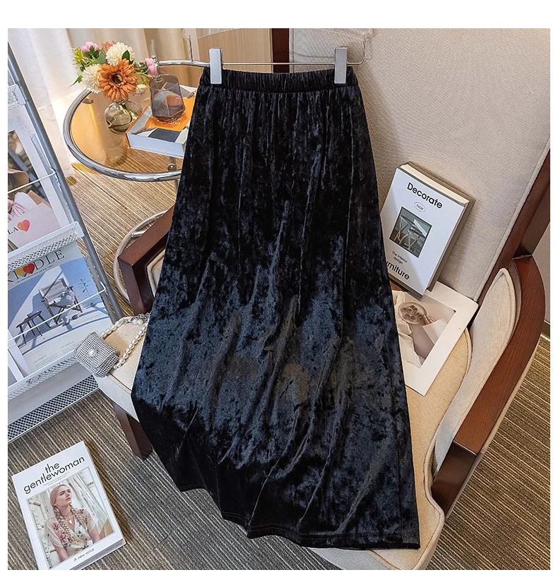 Plus Size Women's Skirts 2023 Autumn French Style Lady Retro Velvet Skirts Loose Elastic Waist Thick Female Bottom Skirt KT61