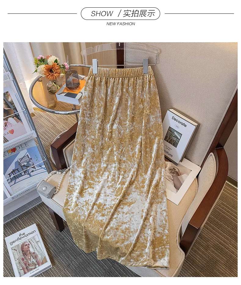 Plus Size Women's Skirts 2023 Autumn French Style Lady Retro Velvet Skirts Loose Elastic Waist Thick Female Bottom Skirt KT61