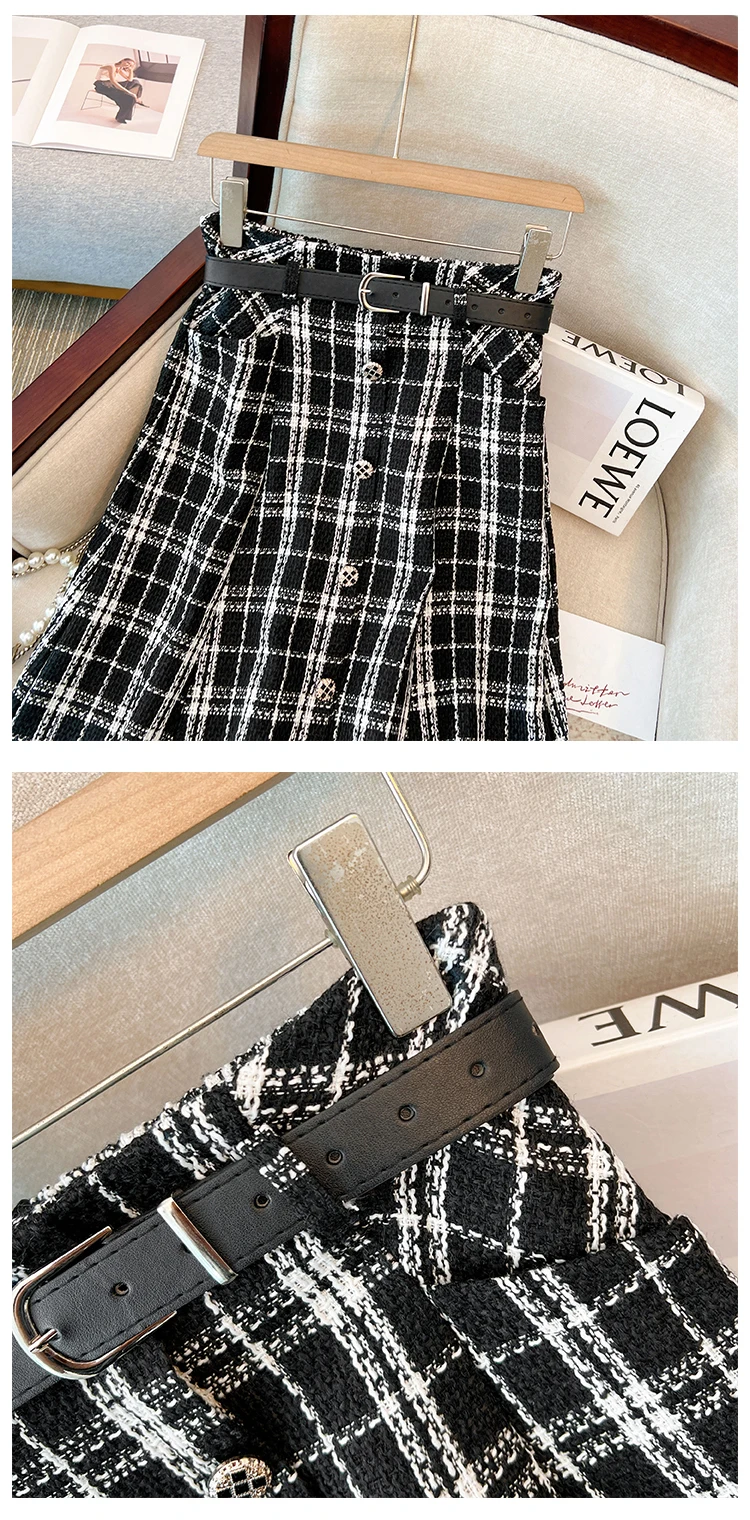 Plus Size Black White Plaid Thick Wool&Blends Women Skirts Single Breast A-Line Female Skirts Warm Office Lady Work Bottom K6921