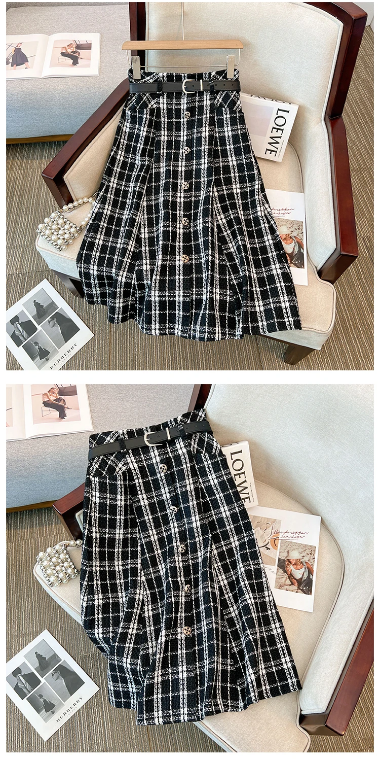 Plus Size Black White Plaid Thick Wool&Blends Women Skirts Single Breast A-Line Female Skirts Warm Office Lady Work Bottom K6921