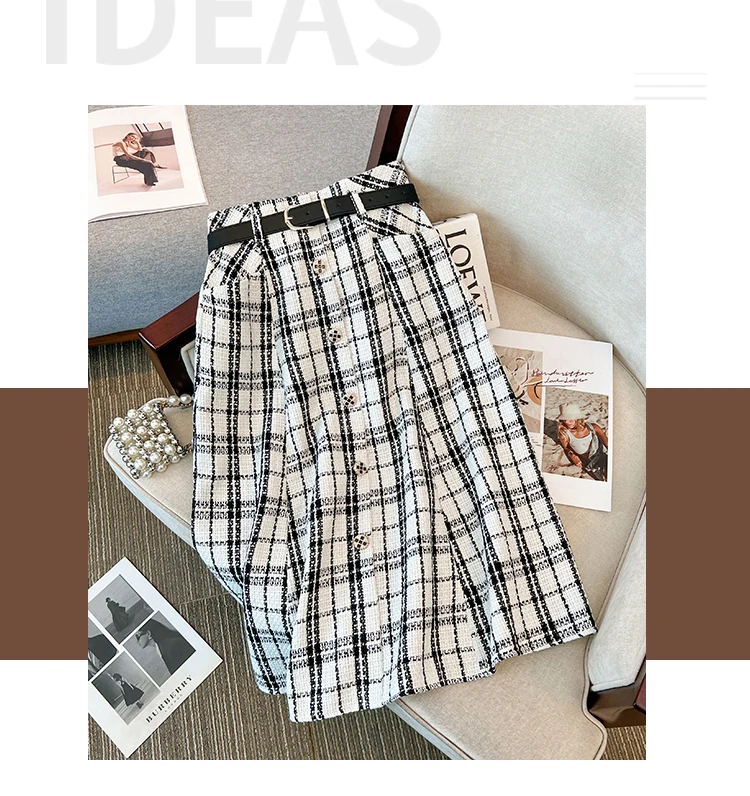 Plus Size Black White Plaid Thick Wool&Blends Women Skirts Single Breast A-Line Female Skirts Warm Office Lady Work Bottom K6921