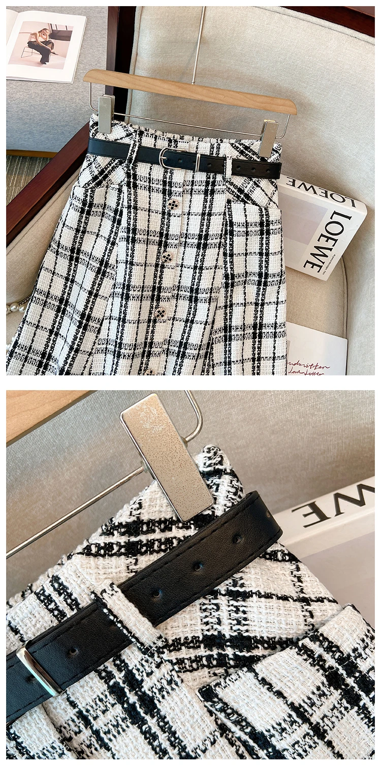 Plus Size Black White Plaid Thick Wool&Blends Women Skirts Single Breast A-Line Female Skirts Warm Office Lady Work Bottom K6921