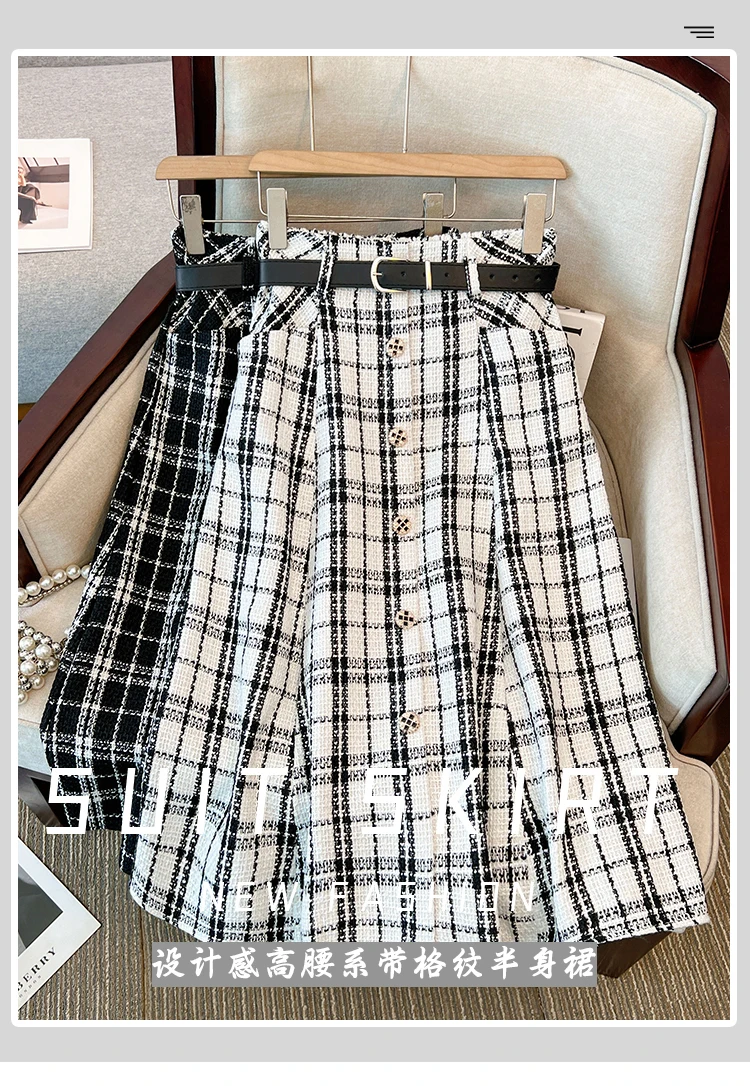 Plus Size Black White Plaid Thick Wool&Blends Women Skirts Single Breast A-Line Female Skirts Warm Office Lady Work Bottom K6921
