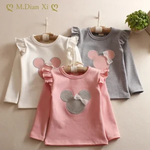 Girls Tops New Spring Autumn 2023 Baby Boy Clothes Cotton Minnie Children's T-shirt Bottoming Shirt Kids Cartoon Embroidery Tees