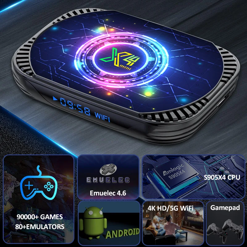 TSINGO Arcade Games Console X4 Mini Built-in 90000 Games 80+Emulators For SS/DC/MAM/C64 Dual System S905X4 CPU 4K HD WiFi TV Box