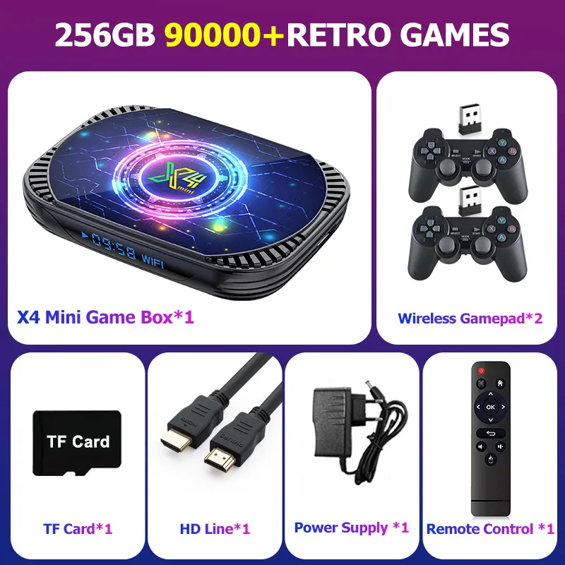 TSINGO Arcade Games Console X4 Mini Built-in 90000 Games 80+Emulators For SS/DC/MAM/C64 Dual System S905X4 CPU 4K HD WiFi TV Box