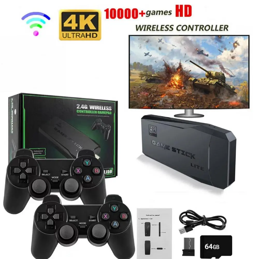 2023 4K Video Game Console 2.4G Double Wireless Controller Game Stick 10000 Games 64 32GB Retro Games For PS1 4 Boy Gift New